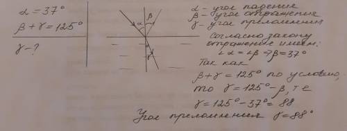 Луч света падает на плоскую границу раздела двух сред. Угол падения равен 37гр., угол между отраженн