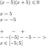 (x - 5)(x + 5) \leqslant 0 \\ \\ x = 5 \\ x = - 5 \\ \\ + \: \: \: \: \: \: - \: \: \: \: + \\ - -( - 5) - - 5 - - \\ x\in[- 5;5]