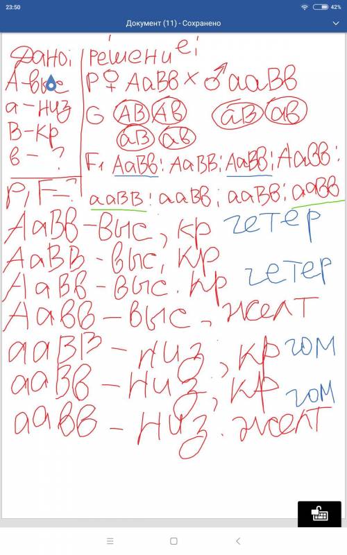 скрещивались высокорослые красноплодные (доминантные признаки) томаты, гетерозиготные по обоим призн