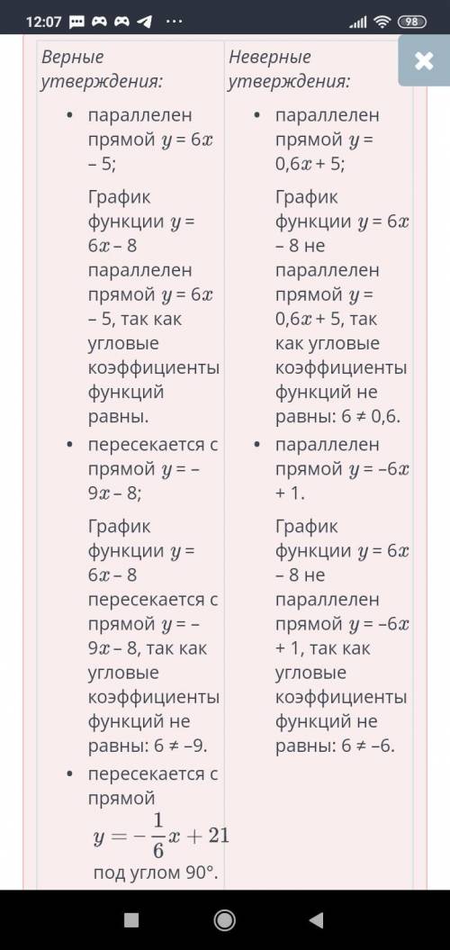 Повторение. Функция и график функции. Укажи верные утверждения. График функции y = 6x – 8.Верных отв