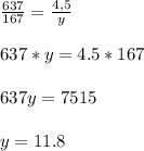 \frac{637}{167} =\frac{4,5}{y} \\\\637*y=4.5*167\\\\637y=7515\\\\y=11.8