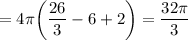 \displaystyle =4\pi \bigg (\frac{26}{3} -6+2 \bigg ) = \frac{32\pi }{3}