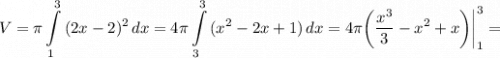 \displaystyle V=\pi \int\limits^3_1 {(2x-2)^2} \, dx =4\pi \int\limits^3_3 {(x^2-2x+1)} \, dx =4\pi \bigg (\frac{x^3}{3} -x^2+x \bigg)\bigg |_1^3=