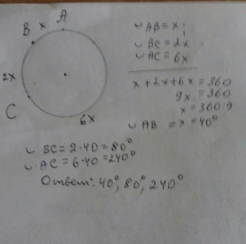 окружность делится точками a b c в отношении 1 2 6 найдите градусную меру дуг умоляю с чертежим БЕЗ
