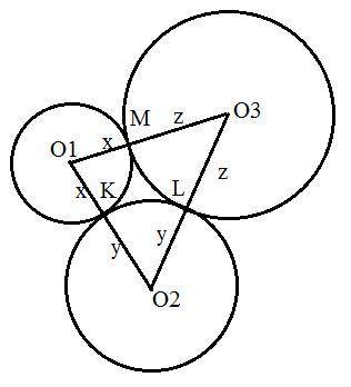 Три кола попарно мають зовнішній дотик. Відрізки, що сполучають їх центри, утворюють трикутник зі ст