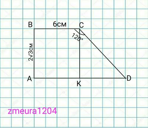 У прямокутній трапеції менша основа дорівнює 6 см, менша бічна сторона - 2√3 см. Знайдіть площу трап