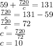 59 + \frac{720}{c} = 131 \\ \frac{720}{c} = 131 - 59 \\ \frac{720}{c} = 72 \\ c = \frac{720}{72 } \\ c = 10