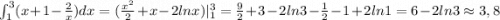 \int_{1}^{3}(x+1-\frac{2}{x})dx=(\frac{x^{2}}{2}+x-2lnx) |_{1}^3=\frac{9}{2}+3-2ln3-\frac{1}{2}-1+2ln1=6-2ln3\approx 3,8