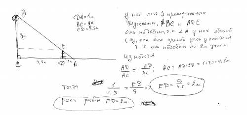 Человек стоит на расстоянии 3.5м от уличного фонаря. при этом длина тени человека равна 1м. высота ф