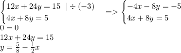 \begin {cases}12x + 24y = 15 \: \: \: | \div ( - 3) \\ 4x + 8y = 5\end {cases} = \begin {cases} - 4x - 8y = - 5 \\4x + 8y = 5 \end {cases} \\ 0 = 0 \\ 12x + 24y = 15 \\ y = \frac{5}{8} - \frac{1}{2} x \\