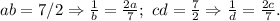 ab=7/2\Rightarrow \frac{1}{b}=\frac{2a}{7};\ cd=\frac{7}{2}\Rightarrow\frac{1}{d}=\frac{2c}{7}.