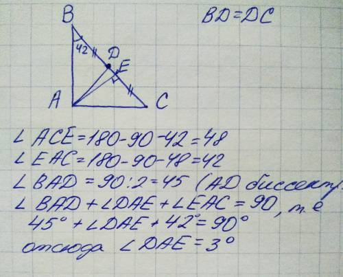 один из острых углов прямоугольного треугольника равна 42°. Найдите угол между высотой и биссектрисо