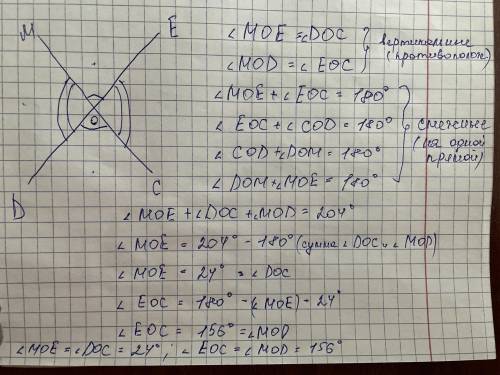 Геометрия сумма вертикальных углов мое мод и дос образованные при пересечении прямых мс и де равны 2