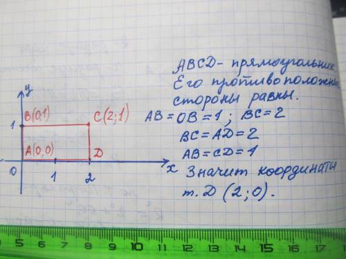 Известно, что точки A, B, C и D — вершины прямоугольника. Дано: A(0;0);B(0;1);C(2;1). Определи коорд