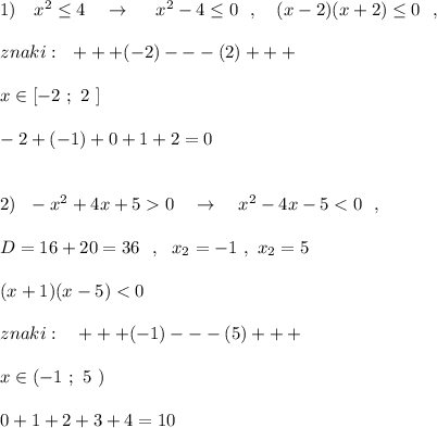 1)\ \ \ x^2\leq 4\ \ \ \to \ \ \ \ x^2-4\leq 0\ \ ,\ \ \ (x-2)(x+2)\leq 0\ \ ,\\\\znaki:\ \ +++(-2)---(2)+++\\\\x\in [-2\ ;\ 2\ ]\\\\-2+(-1)+0+1+2=0\\\\\\2)\ \ -x^2+4x+50\ \ \ \to \ \ \ x^2-4x-5