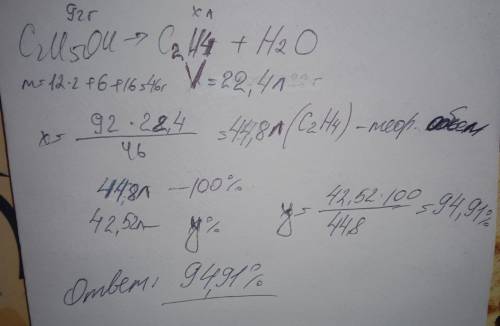 В результате каталитической реакции этилового спирта массой 92г- получили этилен объемом 42.52л. Выч