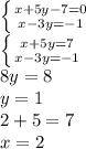 \left \{ {{x+5y-7=0} \atop {x-3y=-1}} \right. \\\left \{ {{x+5y=7} \atop {x-3y=-1}} \right.\\8y=8\\y=1\\2+5=7\\x=2