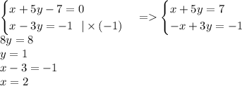 \begin {cases}x + 5y - 7 = 0 \\ x - 3y = - 1 \: \: \: | \times ( - 1)\end {cases} = \begin {cases}x + 5y = 7 \\ - x + 3y = - 1\end {cases} \\ 8y = 8 \\ y = 1 \\ x - 3 = - 1 \\ x = 2