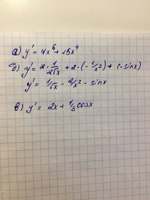 Найти производную а)y=x^{7} +3x^{5} -15 б)y=2√x+2/x+cosx в)y=tgx√x г)y=x^2+1/3sinx