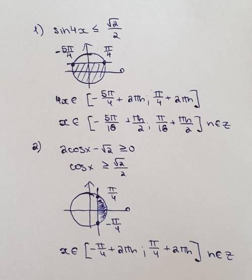 Решите тригонометрические неравенства: 1) sin 4 x≤ √2\2 2) 2 cosx−√2 ≥ 0