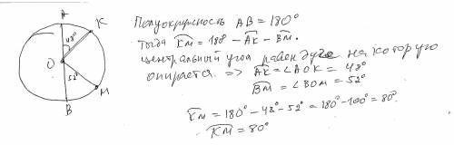 Я Точки K и M получаются в полукруге AB, где К АОК = 480, с вом = 520. Нарисуйте схему и найдите гра