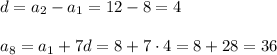 d=a_2-a_1=12-8=4\\\\a_8=a_1+7d=8+7\cdot 4=8+28=36