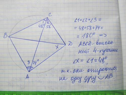 В четырёхугольнике ABCD градусные меры углов BCA, ACD и BAD равны 48, 58, 74º. Тогда сколько градусо