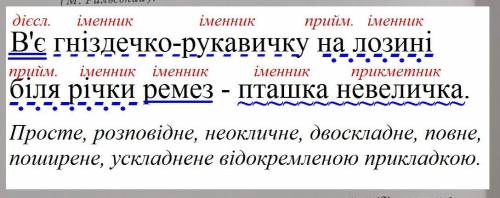 В'є гніздечко-рукавичку на лозині біля річки ремез - пташка невеличка. Треба зробити повний синтакси