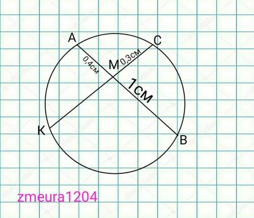 Хорды АВ и СК пересекаются в точке М. Найдите КМ, если АВ=1см, АМ=0,4см, СМ=0,3см. ответ выразите в