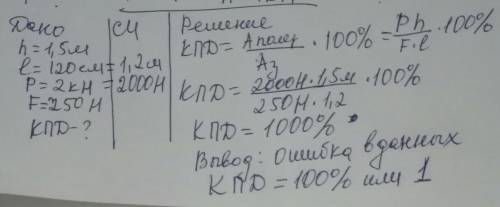 Высота наклонной плоскости равна 1,5м а длина 120см. Для подъёма по ней груза весом 2k H потребовала