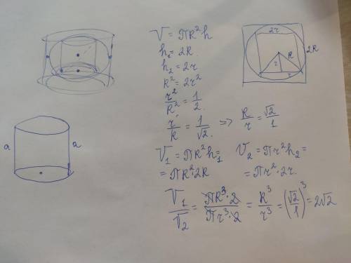 Найдите отношение объёмов равносторонних цилиндров — описанного около шара и вписанного в шар