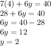 7(4) + 6y = 40 \\ 28 + 6y = 40 \\ 6y = 40 - 28 \\ 6y = 12 \\ y = 2