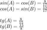 sin(A)=cos(B)=\frac{8}{17}\\cos(A)=sin(B)=\frac{15}{17}\\\\tg(A)=\frac{8}{15}\\tg(B)=\frac{15}{8}