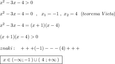 x^2-3x-40\\\\x^2-3x-4=0\ \ ,\ \ x_1=-1\ ,\ x_2=4\ \ (teorema\ Vieta)\\\\x^2-3x-4=(x+1)(x-4)\\\\(x+1)(x-4)0\\\\znaki:\ \ \ +++(-1)---(4)+++\\\\\boxed {\ x\in (-\infty ;-1\, )\cup (\ 4\ ;+\infty \, )\ }