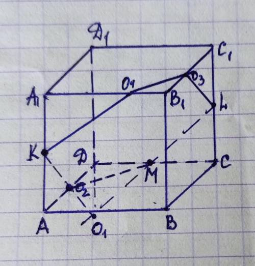 Постройте перелез куба abcda1b1c1d1 плоскостью проходящей через середины k, l, m его ребер aa1, cc1,