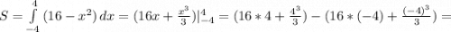 S=\int\limits^4_{-4} {(16-x^2)\, dx= (16x+\frac{x^3}{3})|^4_{-4}=(16*4+\frac{4^3}{3}) -( 16*(-4)+\frac{(-4)^3}{3})=