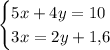 \begin{cases}5x+4y=10\\3x=2y+1{,}6\end{cases}