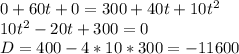 0+60t+0=300+40t+10t^2\\10t^2-20t+300=0\\D=400-4*10*300=-11600