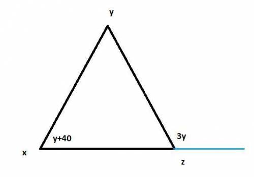 в треугольнике XYZ yгол Х больше угла Y на 40 градусов, а внешний угол при вершине Z в 3 раза больше