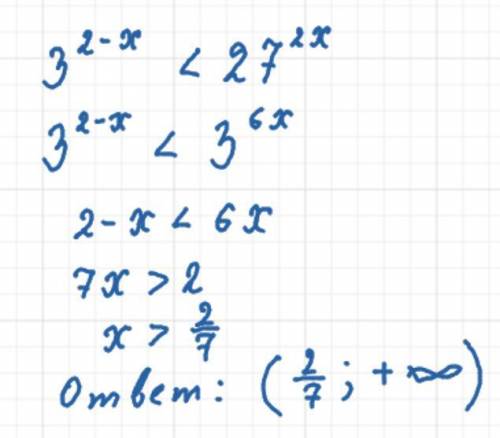 решить неравенство 3^2-x меньше 27^2х