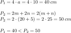 P_1 = 4\cdot{a} = 4\cdot 10 = 40 \: cm\\ \\ P_2=2m + 2n = 2(m+n) \\ P_2= 2 \cdot(20 + 5) = 2\cdot25 = 50 \: cm \\ \\ P_1 = 40 < P_2 = 50