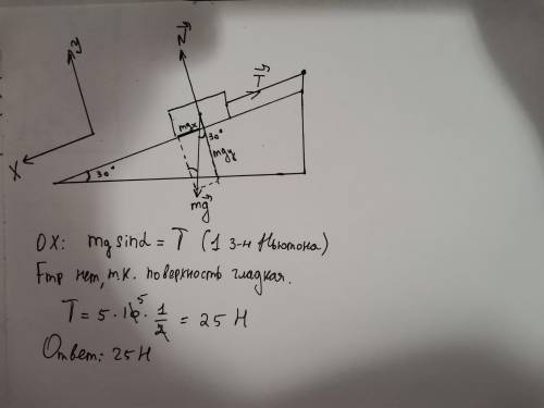 Брусок массой 5 кг находится на гладкой поверхности наклонной плоскости с углом наклона 30 градусов