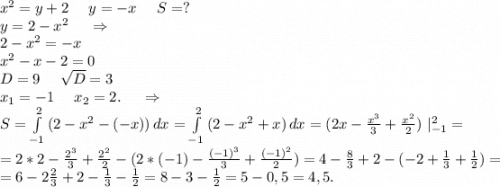 x^2=y+2\ \ \ \ y=-x\ \ \ \ S=?\\y=2-x^2\ \ \ \ \Rightarrow\\2-x^2=-x\\x^2-x-2=0\\D=9\ \ \ \ \sqrt{D}=3\\x_1=-1\ \ \ \ x_2=2.\ \ \ \ \Rightarrow\\ S=\int\limits^2_{-1} {(2-x^2-(-x))} \, dx=\int\limits^2_{-1} {(2-x^2+x)} \, dx =(2x-\frac{x^3}{3}+\frac{x^2}{2} )\ |_{-1}^2=\\=2*2-\frac{2^3}{3}+\frac{2^2}{2}-(2*(-1)-\frac{(-1)^3}{3}+\frac{(-1)^2}{2})=4-\frac{8}{3} +2-(-2+\frac{1}{3} +\frac{1}{2})=\\=6-2\frac{2}{3} +2-\frac{1}{3} -\frac{1}{2} = 8-3 -\frac{1}{2}=5- 0,5=4,5.