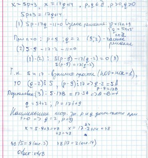 Найдите наименьшее натуральное число x, которое при делении на 5 дает остаток 3, при делении на 17 д