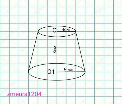 Радіуси основ зрізаного конуса дорівнюють 4см і 5см, h=3cм Знайдіть: V конуса​