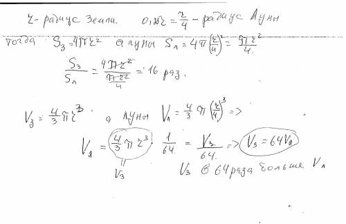 Радиус Луны 25% от радиуса Земли Найти во сколько раз 1) S площадь земли больше Sплощади Луны 2) V