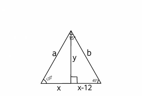 У трикутнику одна зі сторін дорівнює 12 см, а прилеглі до неї кути дорівнюють 120° і 45°.Знайдіть ви