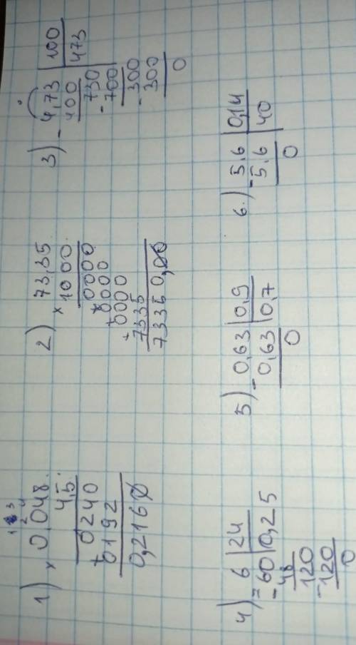 решить в столбик 1) 0,048•4,5 2) 73,35•1000 3) 4,73:100 4) 6:24 5) 0,63:0,9 6) 5,6:0,14