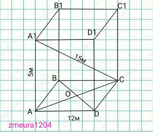 Основание прямой призмы - прямоугольник со стороной 12 м и диагональю 15 м. Боковое ребро равно 5 м.