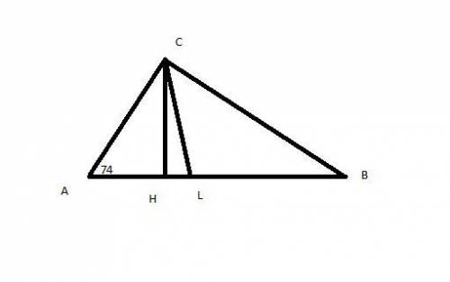 Один из углов прямоугольного треугольника равен 74°. Найдите уго. между высотой и биссектрисой, пров